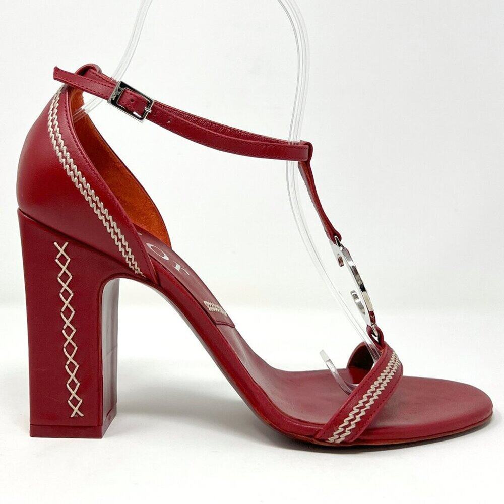 Dior 2005 Red Leather Logo Embroidered Block Heel Sandals- John Galliano Era - Picture 5 of 10